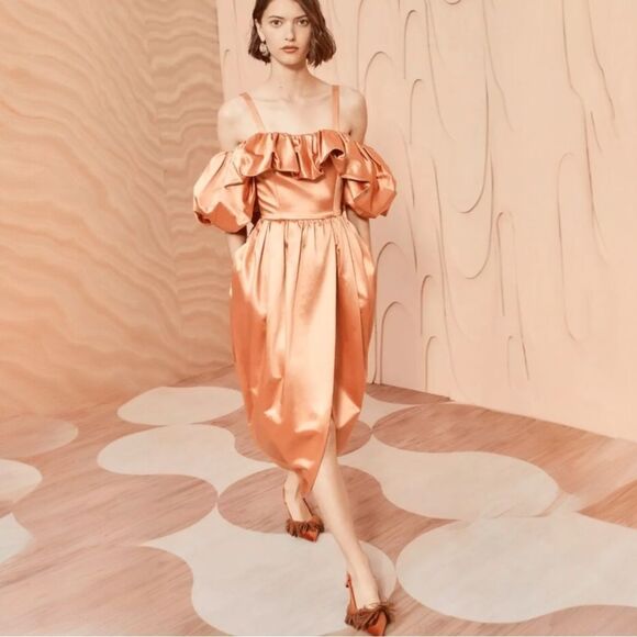 Ulla Johnson Metalic Satin Midi Dress 00 Copper Tulip Hem Off Shoulder New Money - Picture 2 of 16